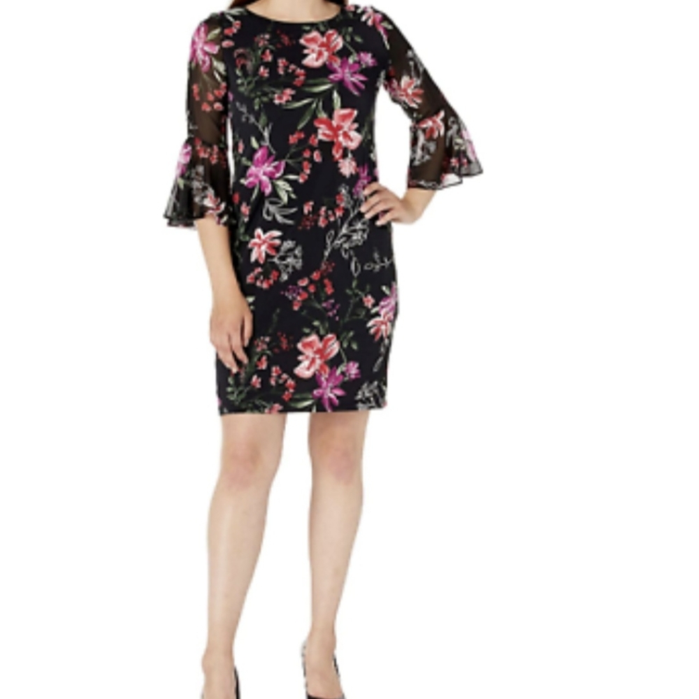Sandra Darren Womens Black Floral 3/4 Butterfly Sleeve A-Line Dress Large
